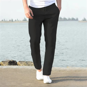 Pantalon homme en coton et lin, nouvelle collection automne, respirant, couleur unie, style streetwear fitness, taille mi-haute, devant plat et fermeture à cordon. - Product Image 1