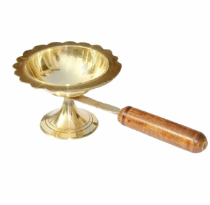 Brass Wooden Long Handle Aarti Oil Lamp Diya <b>Stand</b> Holder Bowl for Home Temple Sacred Puja, available at wholesale prices. - Product Image 1