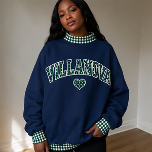 Sudadera Vintage con Gráficos Universitarios para Mujer, Sudadera de Felpa con Cuello Redondo del Equipo Villanova Wildcats, Color Crema con Ribete a Cuadros - Product Image 1