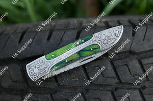 Navaja de bolsillo plegable de acero de Damasco hecha a mano con mango de madera grabado, EDC táctica de supervivencia, DIY, ODM, personalizada - Product Image 4