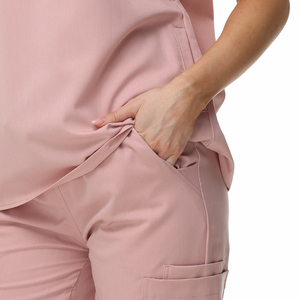 Women Pink <b>Scrub</b> <b>Top</b> With Notched Collar And Pockets Hospital Uniform Blouse - Product Image 5