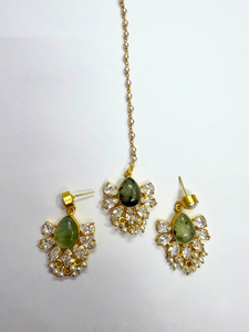 Natural Prehnite Crystals Zircon Pearls Statement Handmade 18K <b>Gold</b> Plated Designer Necklace <b>Set</b> with Dangling Earring Maangtika - Product Image 2