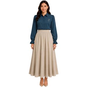 Conjunto de Blusa Bordada y Falda Maxi Azul Pacífico y Lino para Mujer, Manga Larga, Cierre de Botones, Cintura Alta, Dos Piezas, Estilo Modesto, OEM - Product Image 1