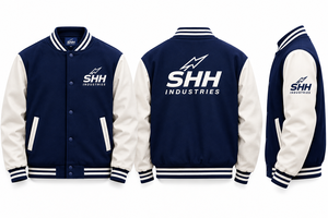 Premium Navy Cream Letterman <b>Bomber</b> with Contrast Sleeves Embroidered Chest Logo Striped Rib Trim Snap Front Unisex College - Product Image 4