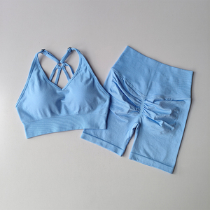 Women Yoga Set V Neck Sports <b>Bra</b> High Waist Shorts Ruched Butt Belt Elastic Waist Solid Moisture Wicking 2 Piece <b>Blue</b> Workout - Product Image 1