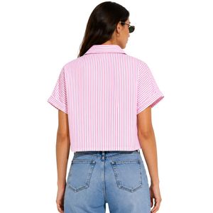Camisa corta a rayas rosa y blanca personalizada para mujer, logotipo bordado personalizado, manga corta, abotonada, blusa informal de verano, OEM - Product Image 2