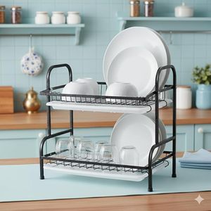 Escurridor de Platos de Metal Negro de 2 Niveles con Bandeja de Drenaje, Organizador de Encimera de Cocina - Product Image 3