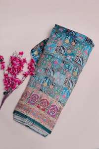 Tissu jacquard en viscose pure vert sauge à imprimé ethnique et paysager avec bordure ornementale pour robe Kurti de créateur - Product Image 2