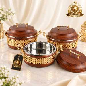 Cacerola de Lujo con Aislamiento Térmico y Acabado en Madera Clara, con Detalles en Dorado, Calentador de Alimentos de Acero Inoxidable, Vajilla para Hoteles y Restaurantes - Product Image 3