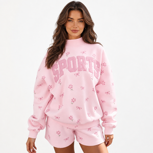 ชุดเซ็ตเสื้อสเวตเชิ้ตและกางเกงขาสั้นสำหรับผู้หญิงคุณภาพสูง ลายปักดอกไม้ คอกลม ทรงหลวม ผ้าถักนิตติ้ง คอตตอน ใส่ได้ทั้งฤดูใบไม้ผลิและฤดูร้อน - Product Image 6