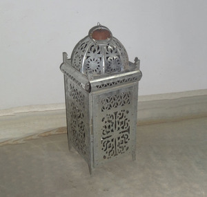 Copper Metal Candle Lantern Cutout Floral Pattern <b>Moroccan</b> Pyramidal <b>Roof</b> <b>Top</b> Finial Ring Handle Square Iron Frame Tabletop - Product Image 6