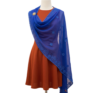 Chal Azul de Chifón Bordado con Ribete de Encaje, Bufanda Étnica para Mujer, Uso Diario, Elegante Hiyab - Product Image 1