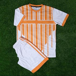 Custom Sublimated Soccer Uniform Set Men's White <b>Orange</b> Striped Jersey Shorts Breathable Polyester All Seasons Adult Team Set - Product Image 1