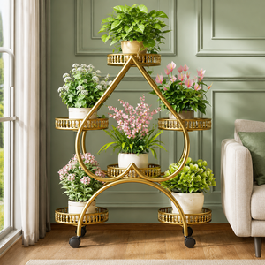 Soporte para Plantas en Forma de Lágrima de Metal Dorado con Ruedas, Estante de Exhibición de Macetas de Varios Niveles para Jardín Interior, Decoración del Hogar y Patio - Product Image 1