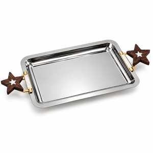 <b>Silver</b> Star Handle Serving <b>Tray</b> in Stainless Steel for Snacks <b>Drinks</b> Sweets | Rectangular Decorative Platter for Home Party Uses - Product Image 1