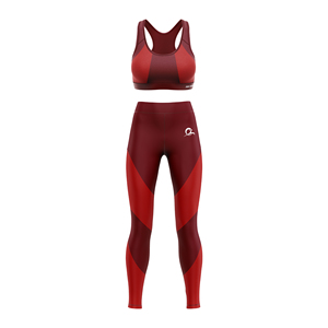 Ensemble de yoga rouge écologique imprimé color block, comprenant un legging mi-long et un soutien-gorge de sport dos nageur, en Spandex et Polyester, 2 pièces pour l'entraînement - Product Image 3