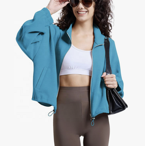 Sudadera recortada con cremallera completa para mujer, cuello alto de manga larga con cremallera y capucha corta, chaqueta informal con cuello levantado - Product Image 3