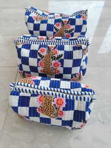 100% Pure Cotton Eco-friendly Cosmetic Pouches Set of 3 Quilted Design Travel <b>Makeup</b> Bag Water Resistant & Durable Travel <b>Case</b> - Product Image 1