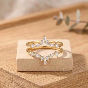 Bague minimaliste en or massif 10K 14K 18K avec diamants de laboratoire courbes, chevron, marquise et ronds, couleur DEF, clarté VS VVS - Product Image 1
