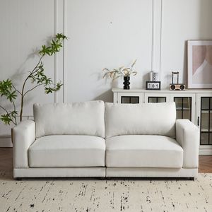 Divano Moderno Bianco con Braccioli Squadrati, Rivestimento in Tessuto Morbido e Cuscini Profondi, Gambe in Legno Robuste per Camera da Letto e Soggiorno - Product Image 3