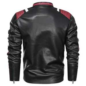 เสื้อแจ็คเก็ตหนัง PU ทรงสลิมฟิตสำหรับผู้ชาย ปกคอพับ ปิดด้วยซิป สีดำ แต่งสีตัดกัน สไตล์ไบค์เกอร์ สำหรับฤดูใบไม้ร่วง - Product Image 3