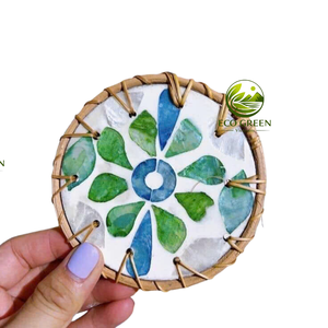Artisan Handmade Mother of Pearl Coaster with Rattan Edge Decorative Cup <b>Mat</b> for Coastal Home <b>Table</b> Decor - Product Image 6