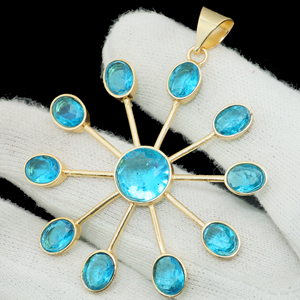 Colgante artesanal de topacio azul y cuarzo con diseño de rayos de sol, chapado en oro, proveedor de joyería de lujo, regalo para ella - Product Image 2