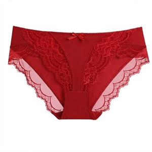 Braguitas de bikini de talle medio para mujer con ribete de encaje y detalle de lazo, color liso, transpirables, sin costuras, de punto. - Product Image 4