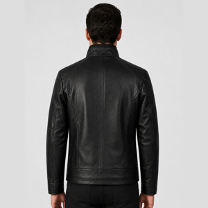 Veste de moto en cuir véritable noir pour homme avec col à boucle, boutons-pression, poches sur la poitrine et poches latérales zippées - Product Image 4