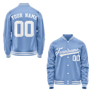 Custom Light Blue Baseball Jacket With Embroidered Team Name Number Personalized Unisex Adult Full Sleeve Button Up Sportswear - Product Image 4