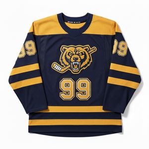 Maillot de hockey sur glace pour homme, bleu marine et jaune, avec logo brodé en twill, manches longues, respirant, coupe classique - Product Image 1