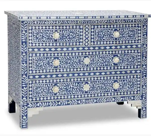 Handmade Bone Inlay Square Chest of Drawers with Blue and <b>White</b> Geometric Pattern Living Room Furniture Resin Crafts - Product Image 6