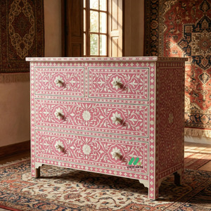 Commode en bois faite à la main, 4 tiroirs, motif floral traditionnel, meubles de chambre à coucher anciens, design rose et blanc - Product Image 1