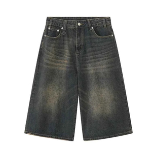 Jorts vintage pour homme en denim de coton foncé délavé, coupe droite, coupe ample, effet usé, coupe éco-responsable, coupe-vent, séchage rapide, style streetwear, personnalisables, pour l'été - Product Image 6
