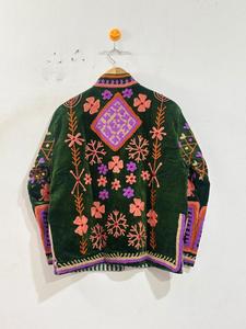 Veste en velours Suzani brodée multicolore verte, style bohème traditionnel, imperméable, col montant, fermeture éclair, printemps - Product Image 2