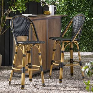 Juego de 2 taburetes de bar franceses de aluminio y ratán PE para exteriores de 29.5 pulgadas, acabado en negro y bambú, taburetes de bar elegantes - Product Image 3