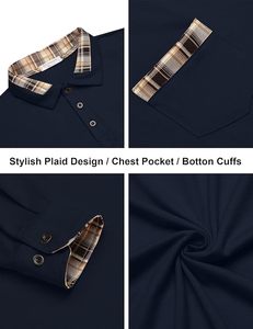 Polo de Manga Larga para Hombre, Camiseta Polo Informal con Botones, Cuello a Cuadros, con Bolsillo - Product Image 4