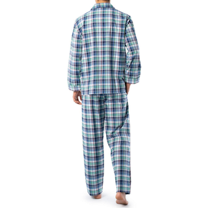 Teal Blue Tartan <b>Men</b> Lapel <b>Pajama</b> <b>Set</b> Soft Long Sleeve Cotton Airy Durable Relaxed Wholesale <b>Men</b>’s Sleepwear <b>Sets</b> - Product Image 2