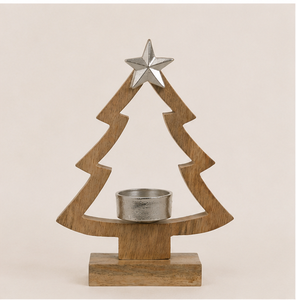 Support de bougie chauffe-plat en bois artisanal pour Noël, avec accent étoile métallique, sur pied, style minimaliste, centre de table festif, vente en gros - Product Image 3