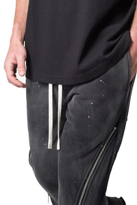 Pantalon de survêtement en velours côtelé noir pour homme, taille élastique avec cordon de serrage, poches latérales, fermeture éclair, coupe évasée, décontracté, effet usé, jambe ouverte - Product Image 6