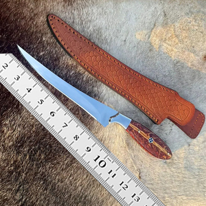Cuchillo de filetear hecho a mano con hoja larga, estrecha y curva, utilizado para desollar, con funda de cuero genuino. - Product Image 6