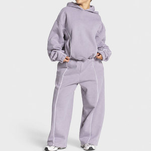 Ensemble de survêtement à capuche lavande pour femme, manches longues, couleur unie, coupe décontractée, sweat-shirt et pantalon en coton pour l'automne avec poches latérales - Product Image 1