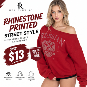 Wholesale <b>Women</b> Street Style Off Shoulder Sweat <b>Shirt</b> Custom Rhinestone Printed Sweat Tee Collarless Ladies Oversized Sweatshirt - Product Image 1