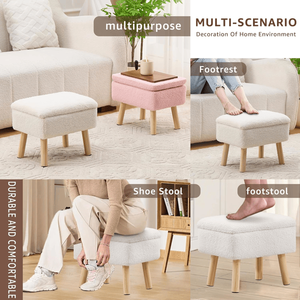 Pouf Contemporaneo Bianco Rettangolare con Rivestimento in Pile Teddy e Gambe in Legno Massello, Poggiapiedi per Ingresso di Casa - Product Image 4