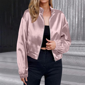 Chaqueta bomber acolchada de satén transpirable y ecológica para mujer, color rosa claro, manga larga, con cremallera, a prueba de viento. - Product Image 4