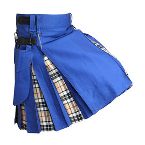Blue Utility Hybrid Kilt Modern Tartan Pleated Cotton Kilts With Removable Cargo Pockets Side <b>Straps</b> <b>Buckles</b> Rings - Product Image 1