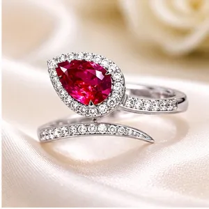 Elegant Ruby Red Crystal Open <b>Ring</b> for Women <b>Adjustable</b> <b>Silver</b> Plated Zircon Statement Fashion Jewelry - Product Image 4