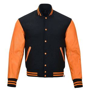 Veste universitaire noire et orange pour homme, manches en cuir PU, col rabattu, fermeture boutonnée, vêtement décontracté pour l'automne - Product Image 1