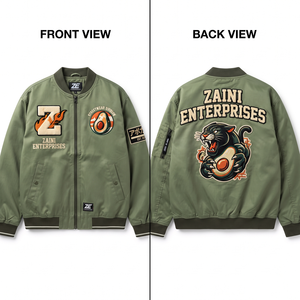 Blouson bomber unisexe en twill de polyester 330 GSM, coupe-vent, vert olive, avec patchs en chenille brodés, logo personnalisé - Product Image 1