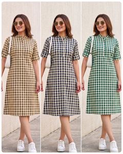 Última Colección de Verano, Vestido Midi con Estampado a Cuadros, Manga Corta, Corte en A, Informal, para Oficina y Uso Diario, para Mujer, Ajuste Cómodo - Product Image 4